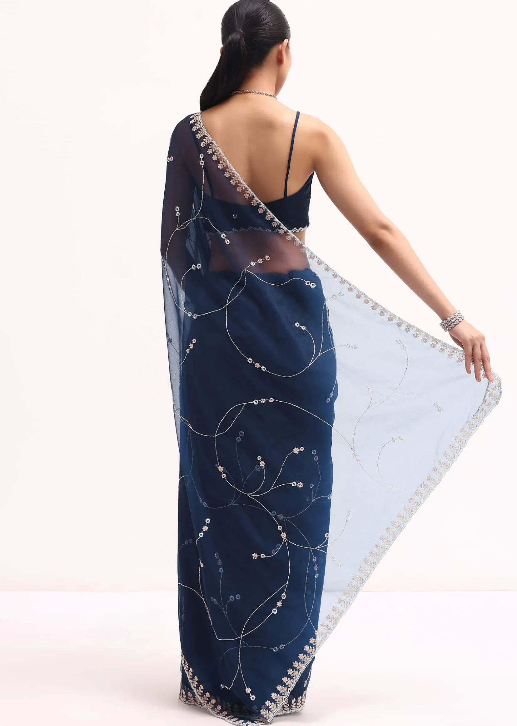 Navy Blue Embroidered Organza Saree With Unstitched Blouse