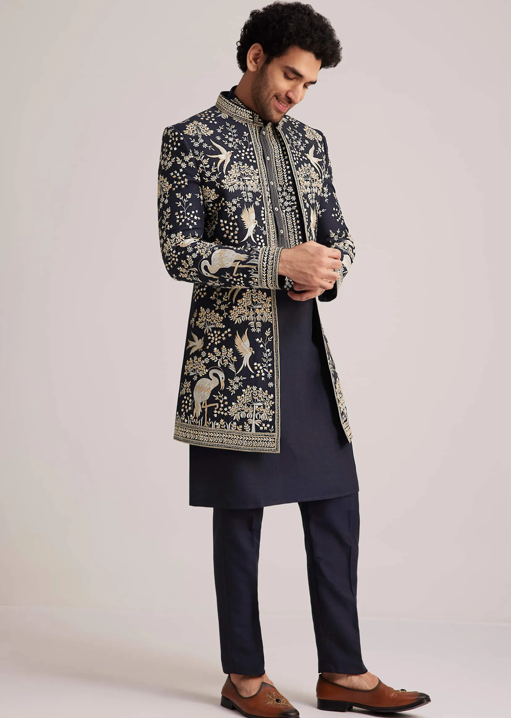 Navy Blue Embroidered Sherwani Kurta Set