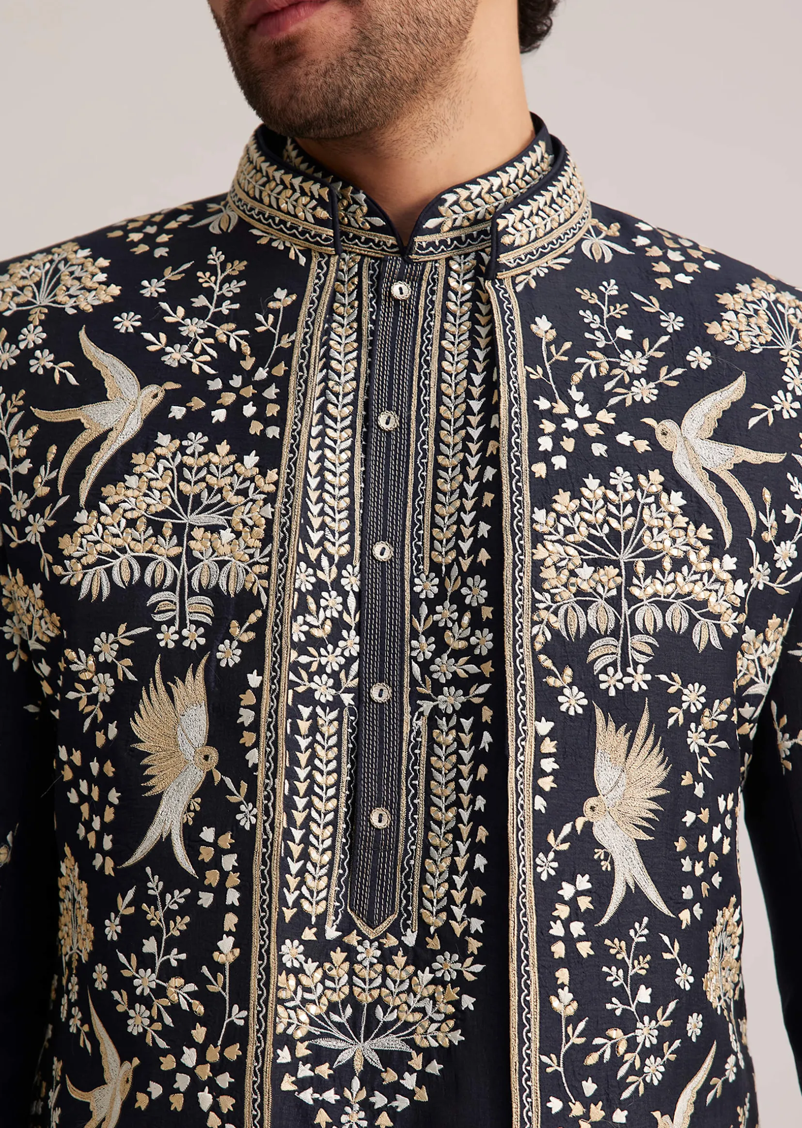 Navy Blue Embroidered Sherwani Kurta Set