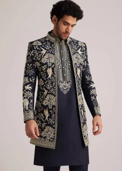 Navy Blue Embroidered Sherwani Kurta Set
