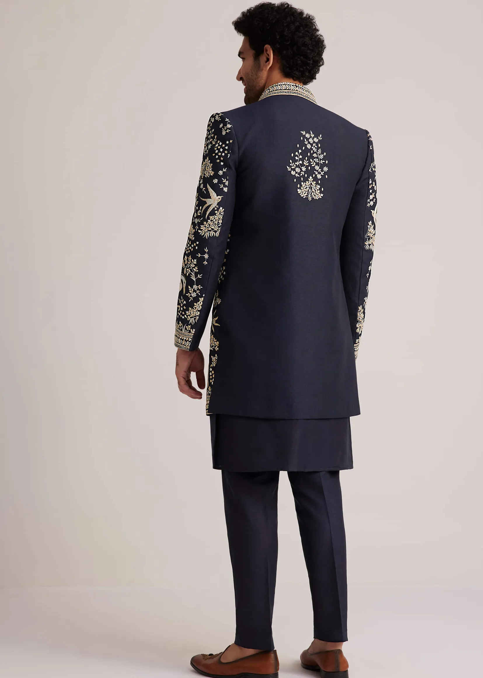 Navy Blue Embroidered Sherwani Kurta Set