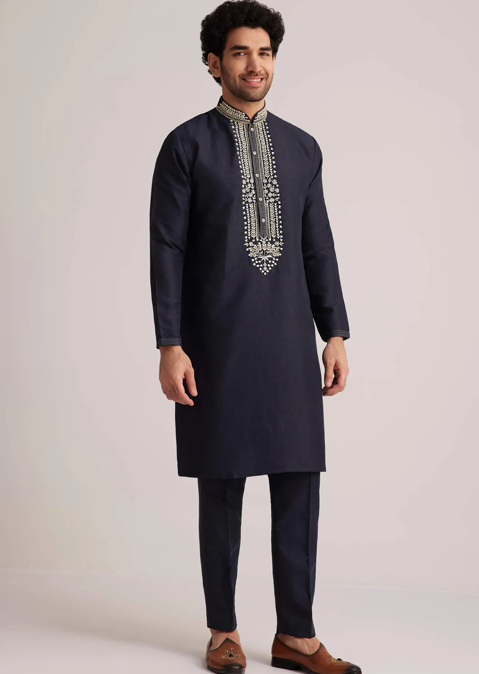 Navy Blue Embroidered Sherwani Kurta Set