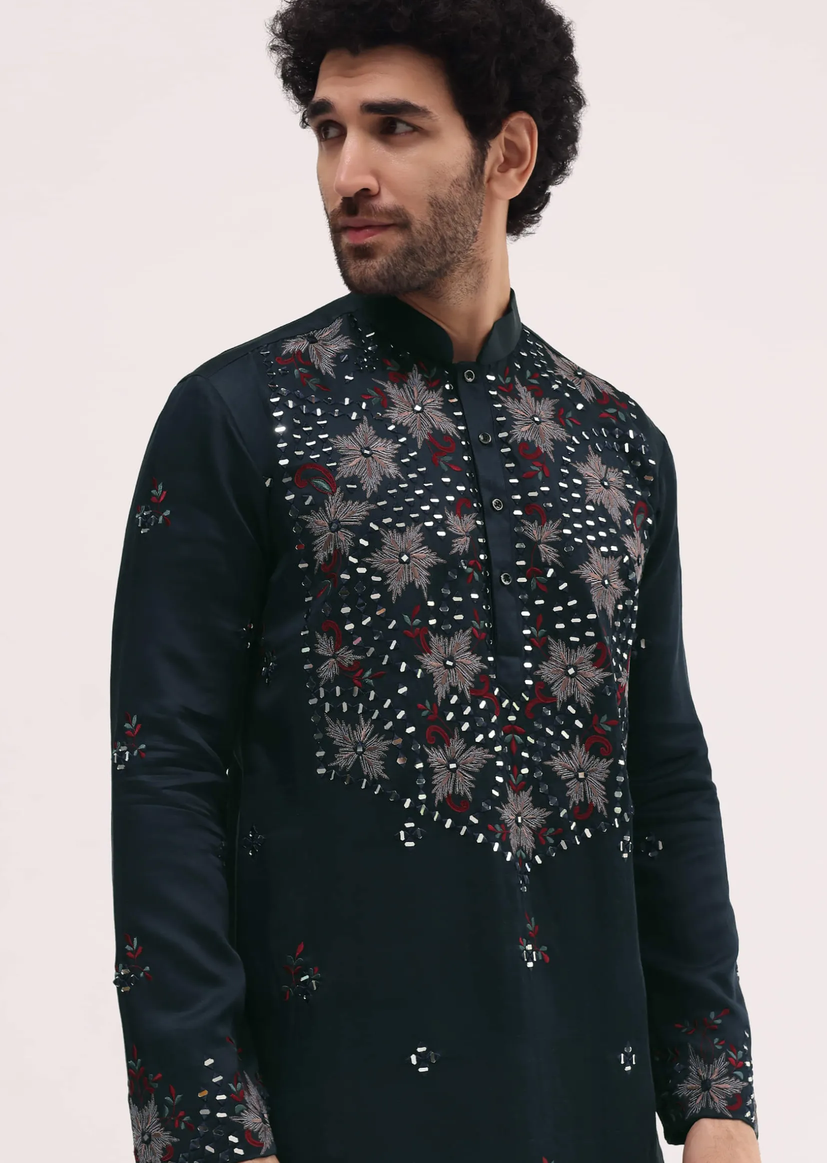 Navy Blue Embroidered Silk Kurta Set For Men