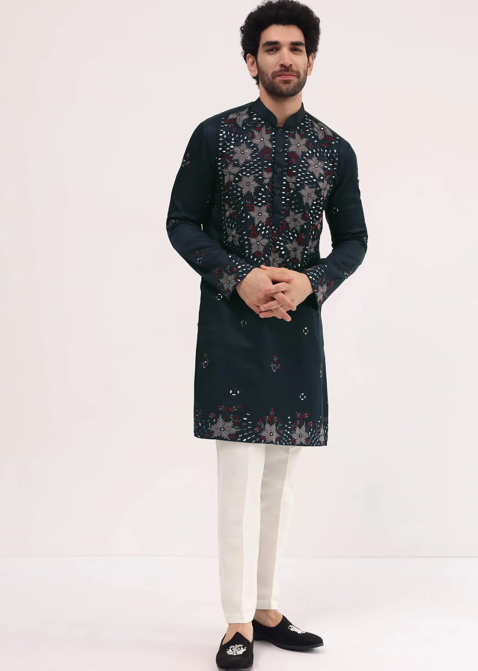 Navy Blue Embroidered Silk Kurta Set For Men