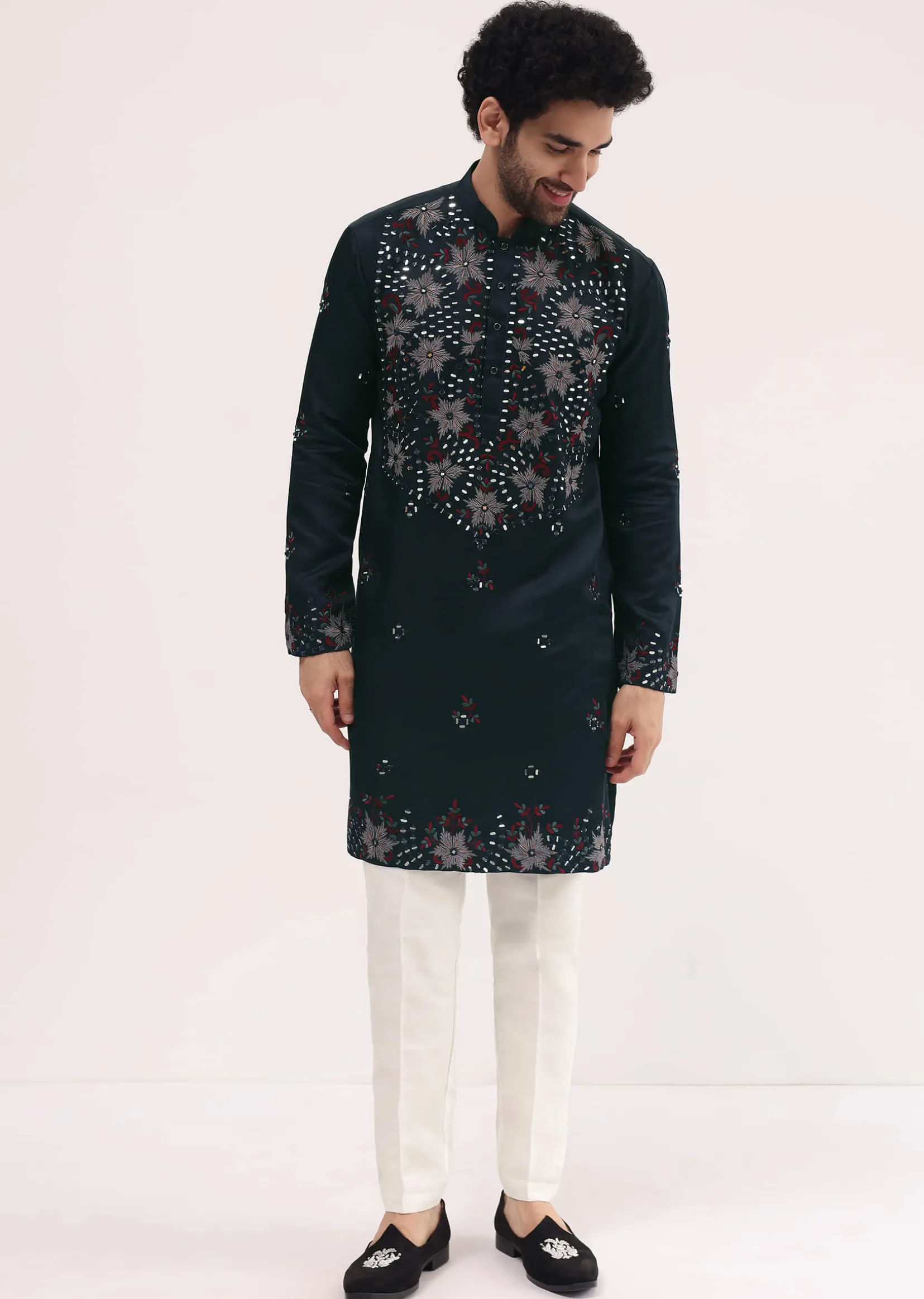 Navy Blue Embroidered Silk Kurta Set For Men