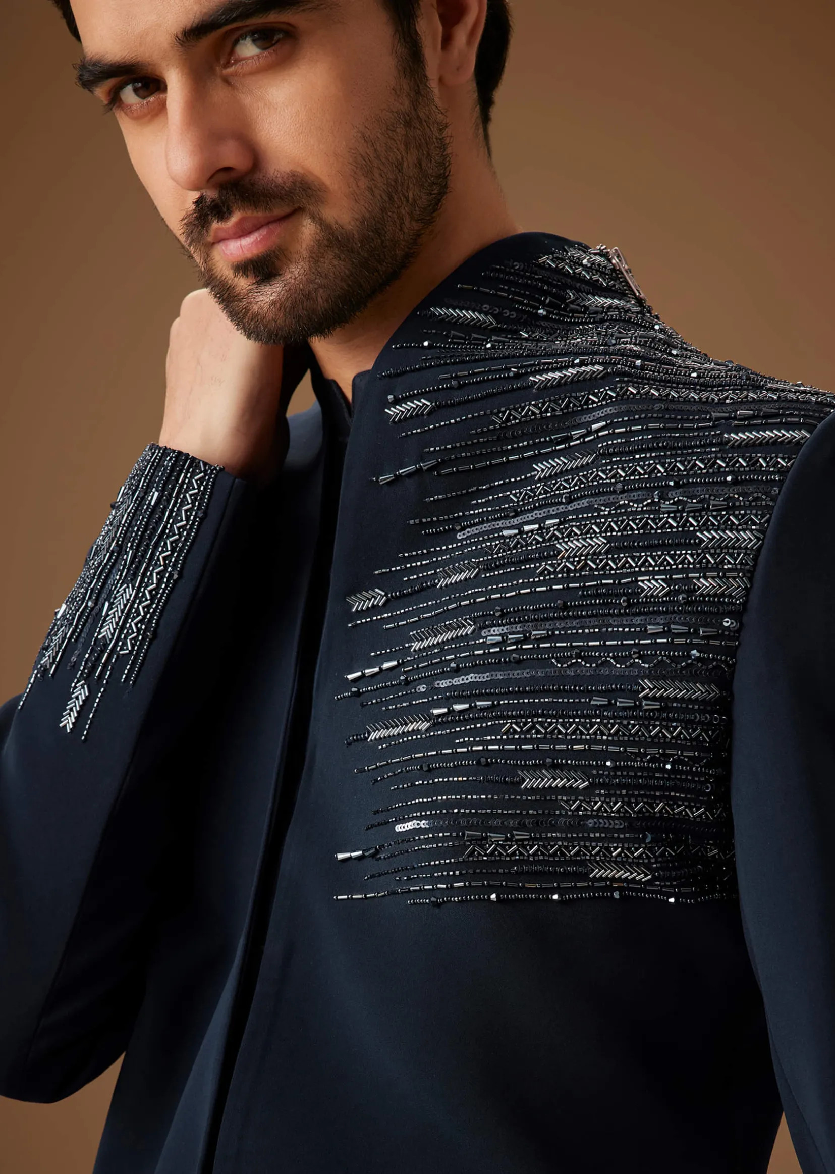 Navy Blue Embroidered Tuxedo Set