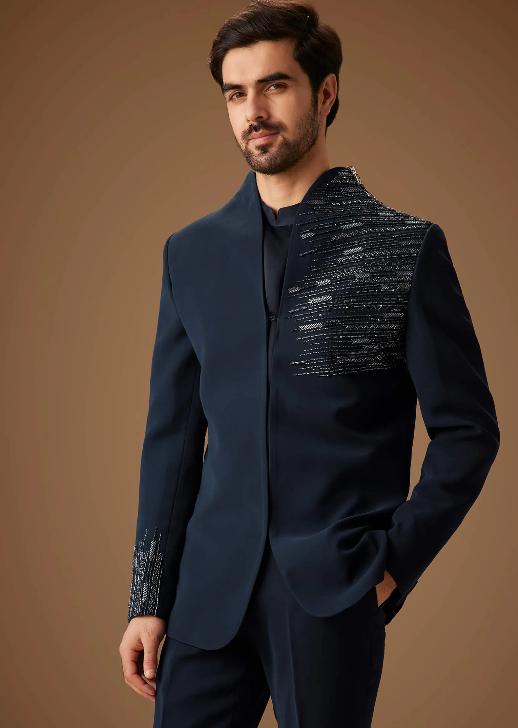 Navy Blue Embroidered Tuxedo Set