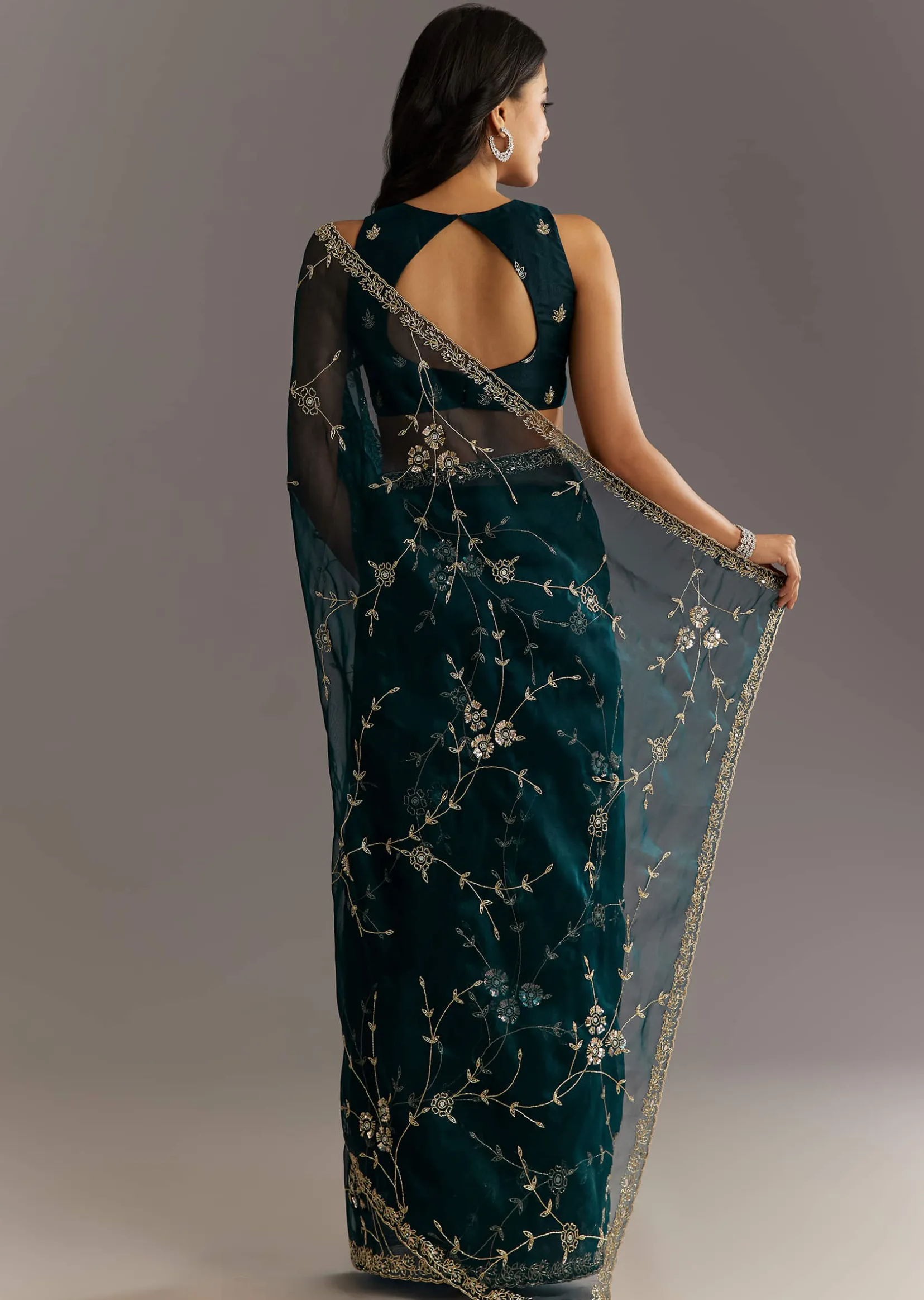 Navy Blue Floral Jaal Embroidered Tissue Saree With Cutdana And Sequins