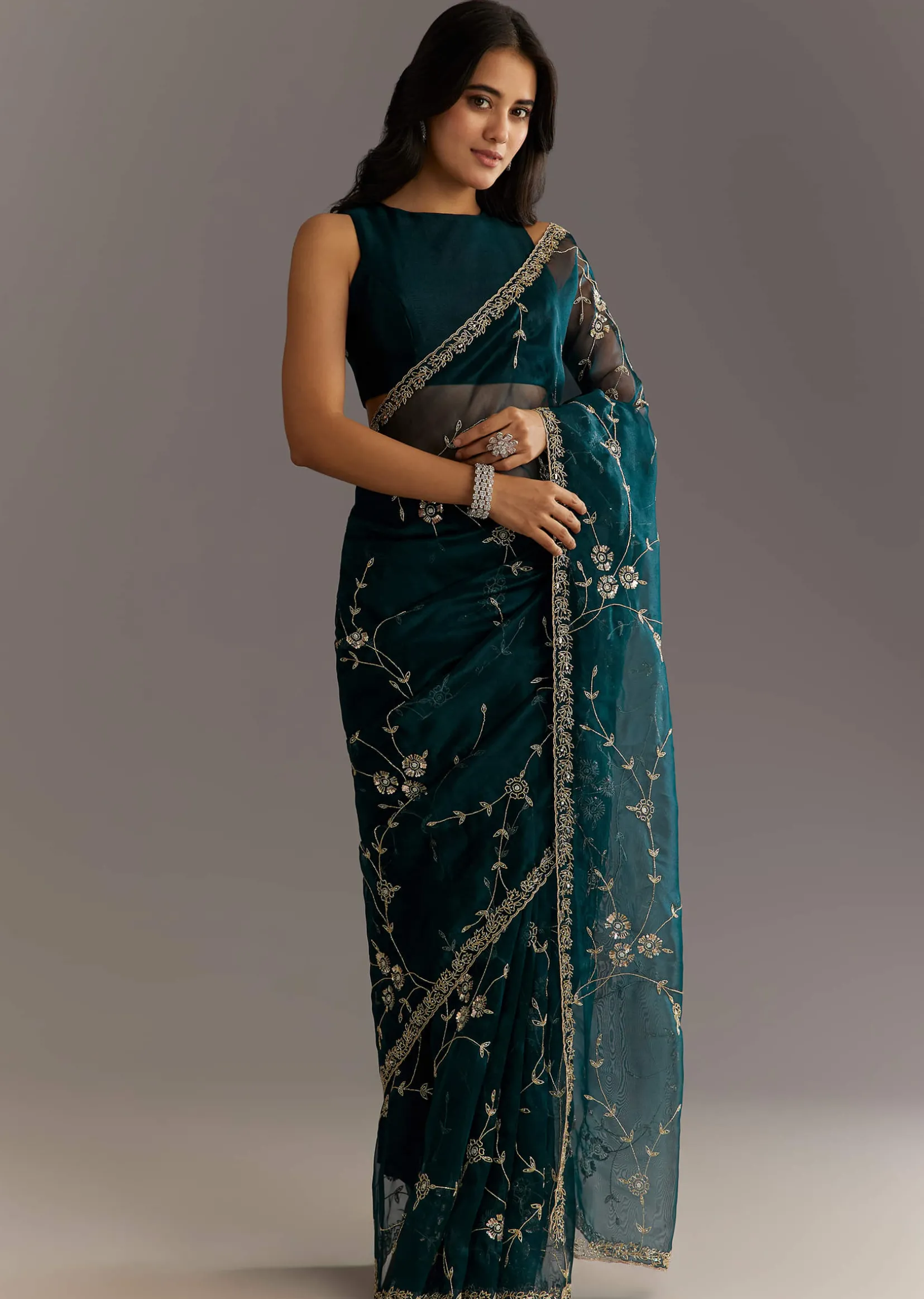 Navy Blue Floral Jaal Embroidered Tissue Saree With Cutdana And Sequins