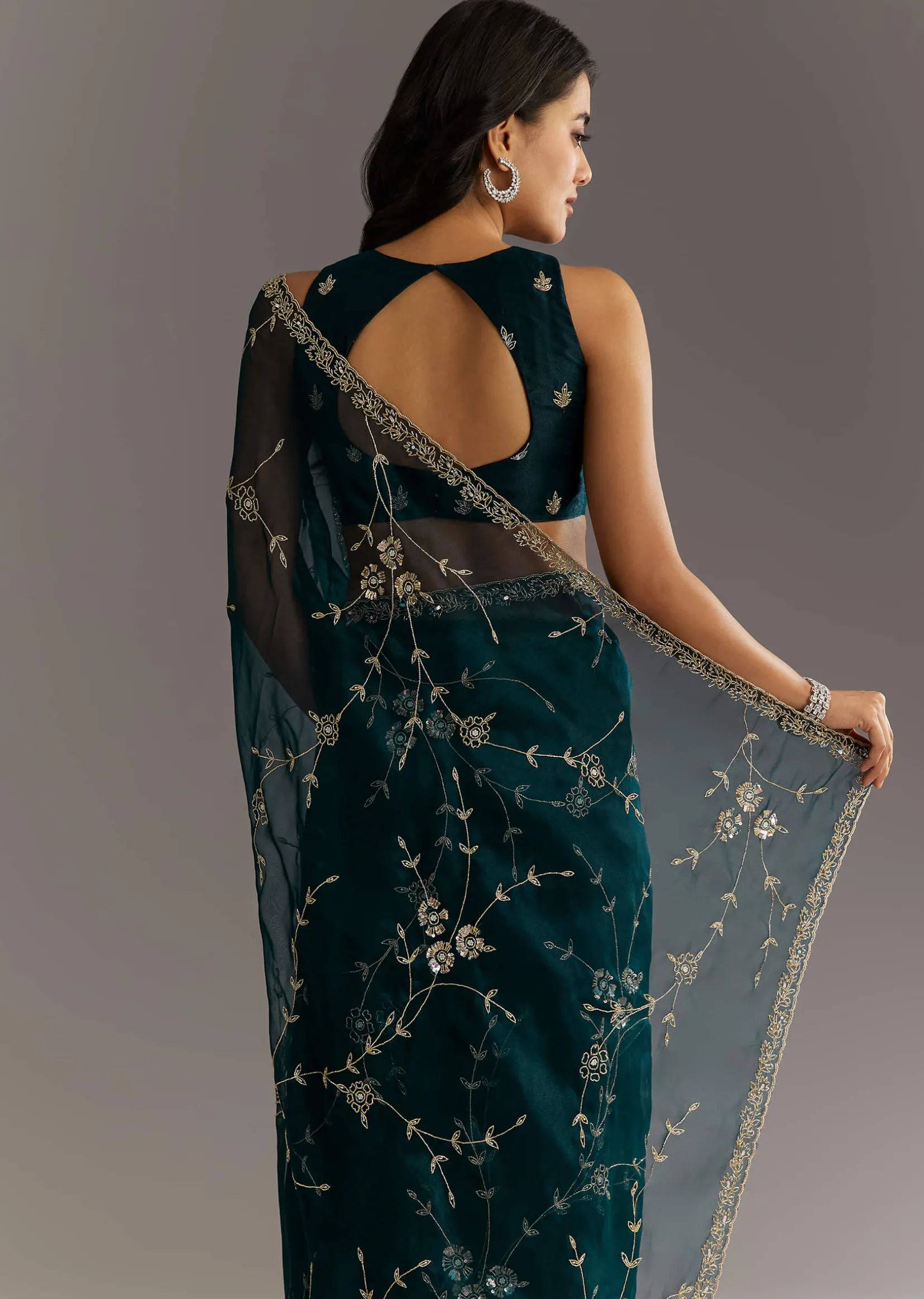Navy Blue Floral Jaal Embroidered Tissue Saree With Cutdana And Sequins