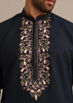 Navy Blue Floral Resham Handwork Kurta Set In Linen