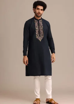 Navy Blue Floral Resham Handwork Kurta Set In Linen