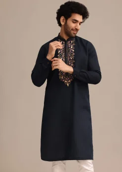 Navy Blue Floral Resham Handwork Kurta Set In Linen