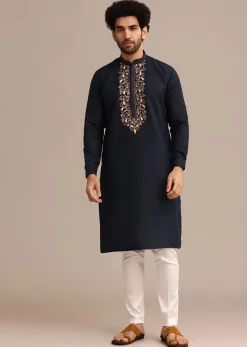 Navy Blue Floral Resham Handwork Kurta Set In Linen