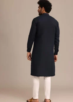 Navy Blue Floral Resham Handwork Kurta Set In Linen