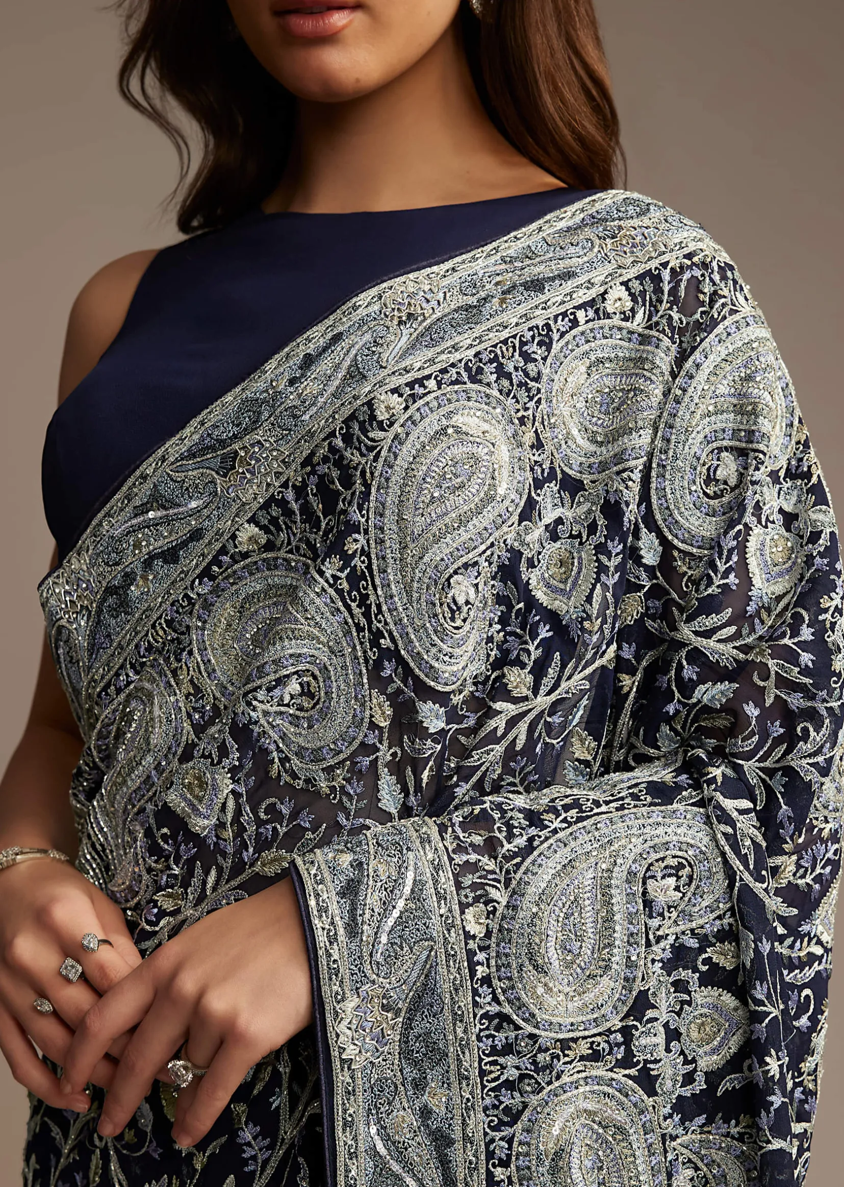 Navy Blue Georgette Saree with Heavy Floral Embroidery