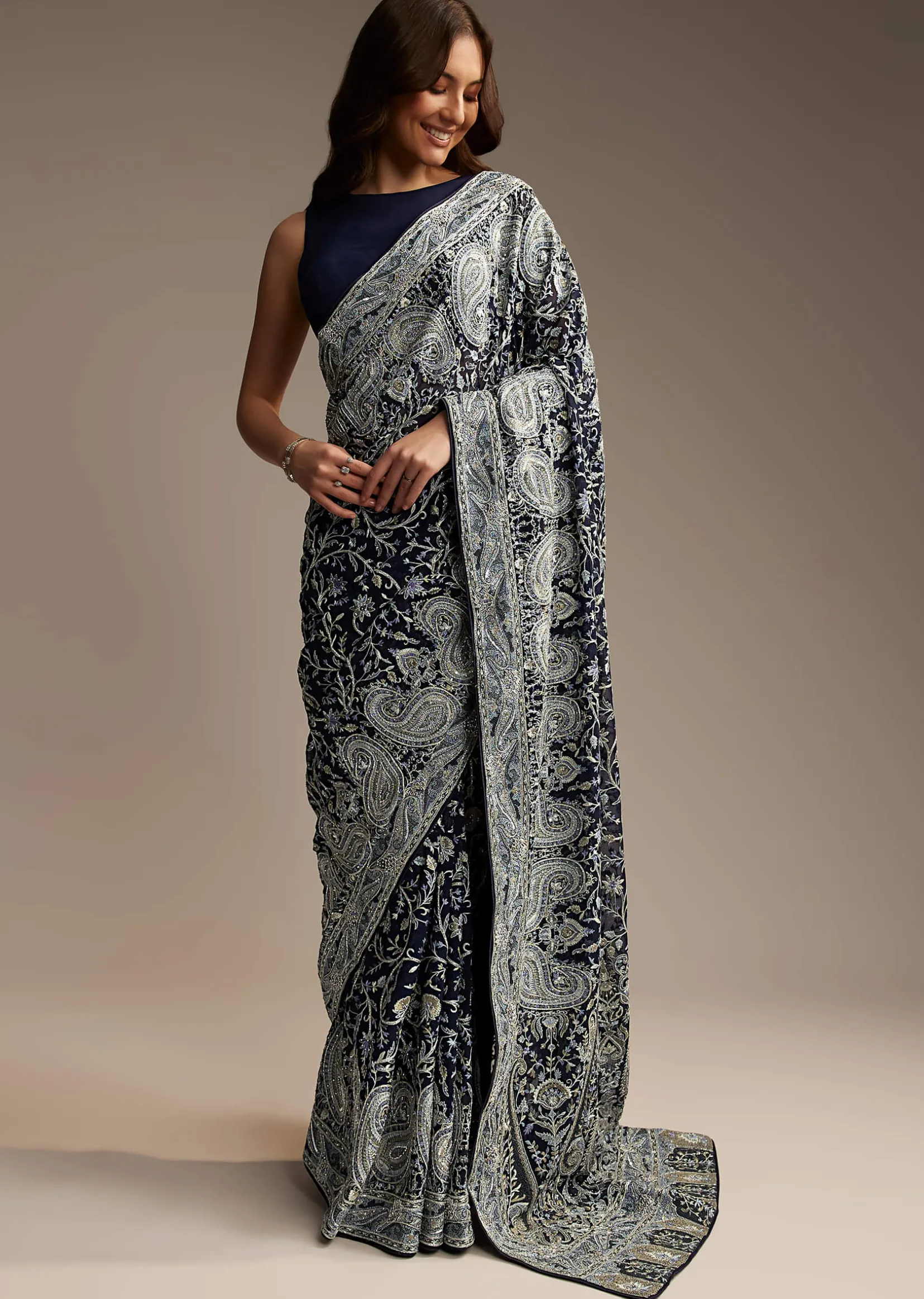 Navy Blue Georgette Saree with Heavy Floral Embroidery
