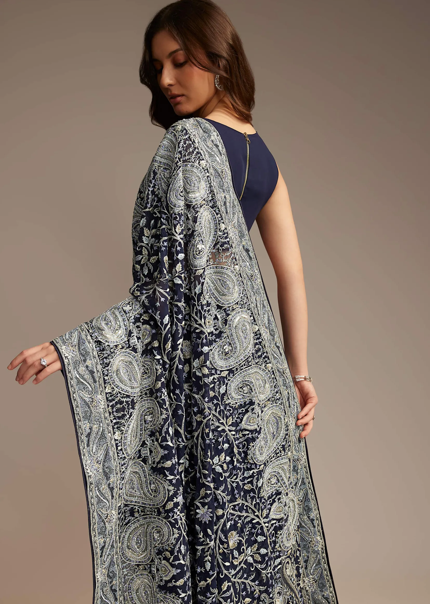 Navy Blue Georgette Saree with Heavy Floral Embroidery