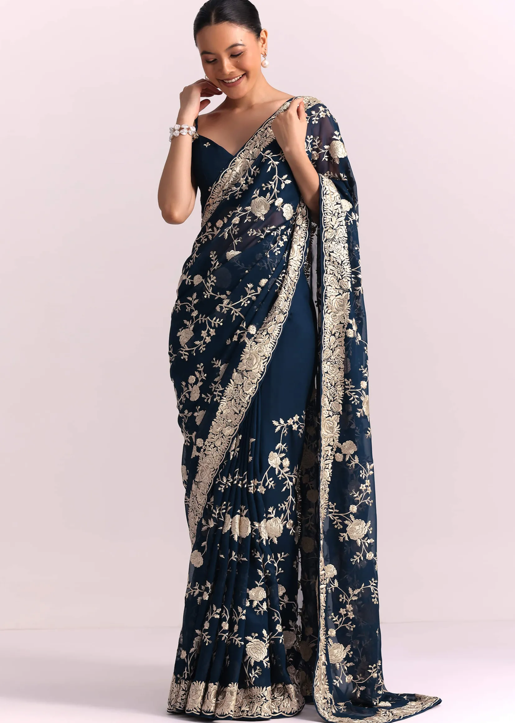 Navy Blue Georgette Saree With Parsi Gara Thread Embroidery