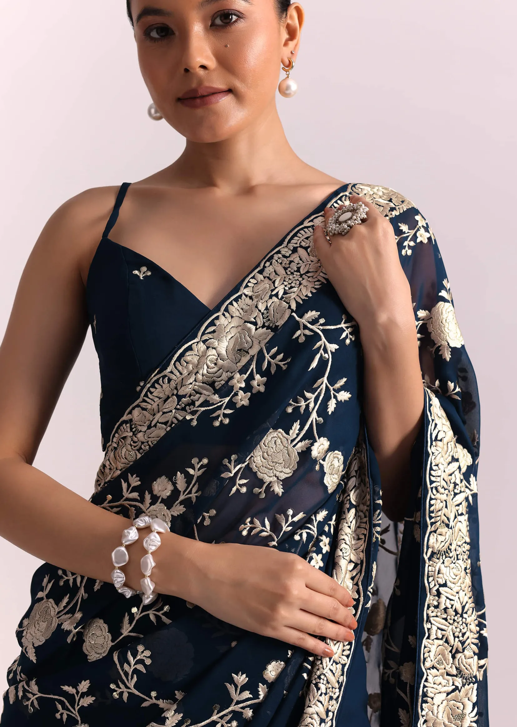 Navy Blue Georgette Saree With Parsi Gara Thread Embroidery
