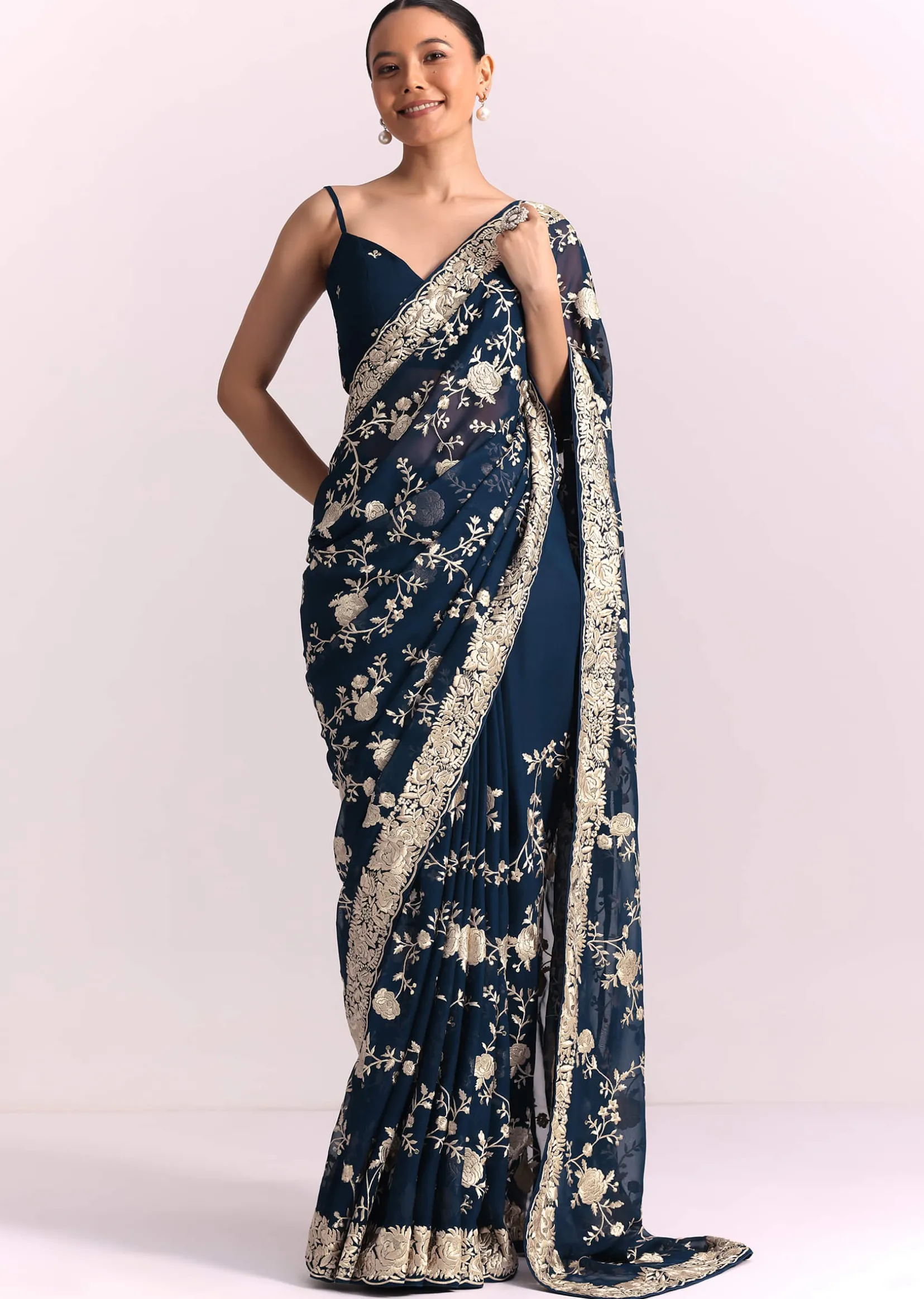 Navy Blue Georgette Saree With Parsi Gara Thread Embroidery