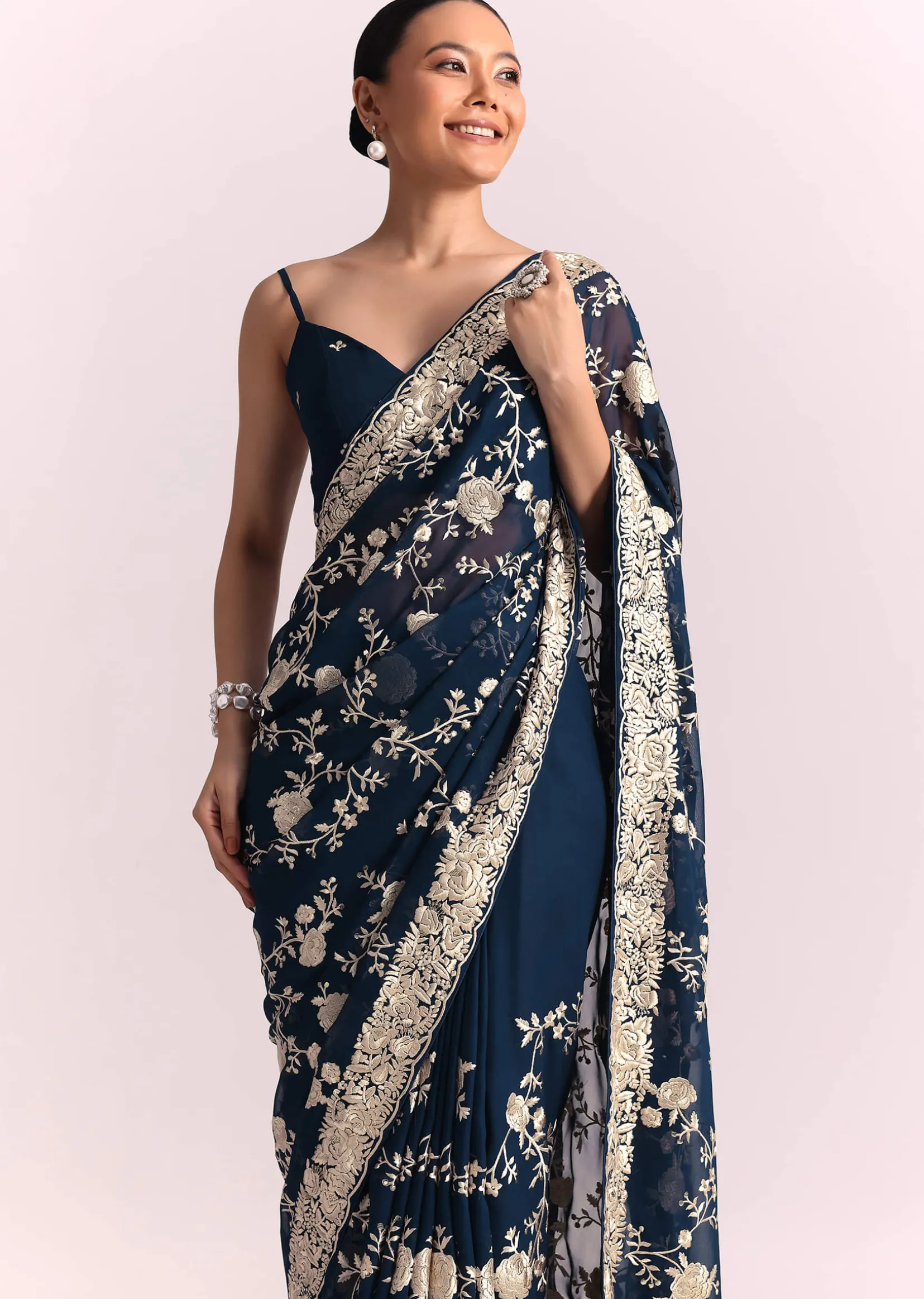 Navy Blue Georgette Saree With Parsi Gara Thread Embroidery