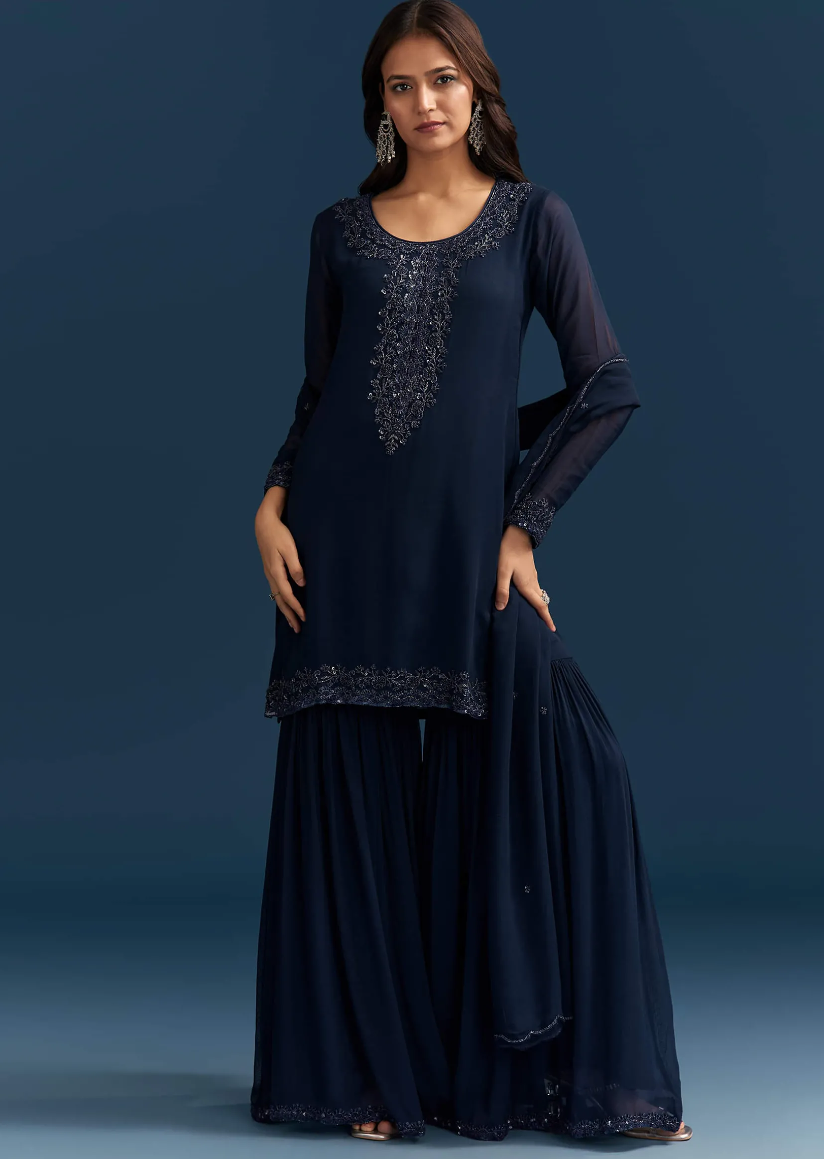 Navy Blue Georgette Sharara Suit With Embroidered Kurta And Dupatta