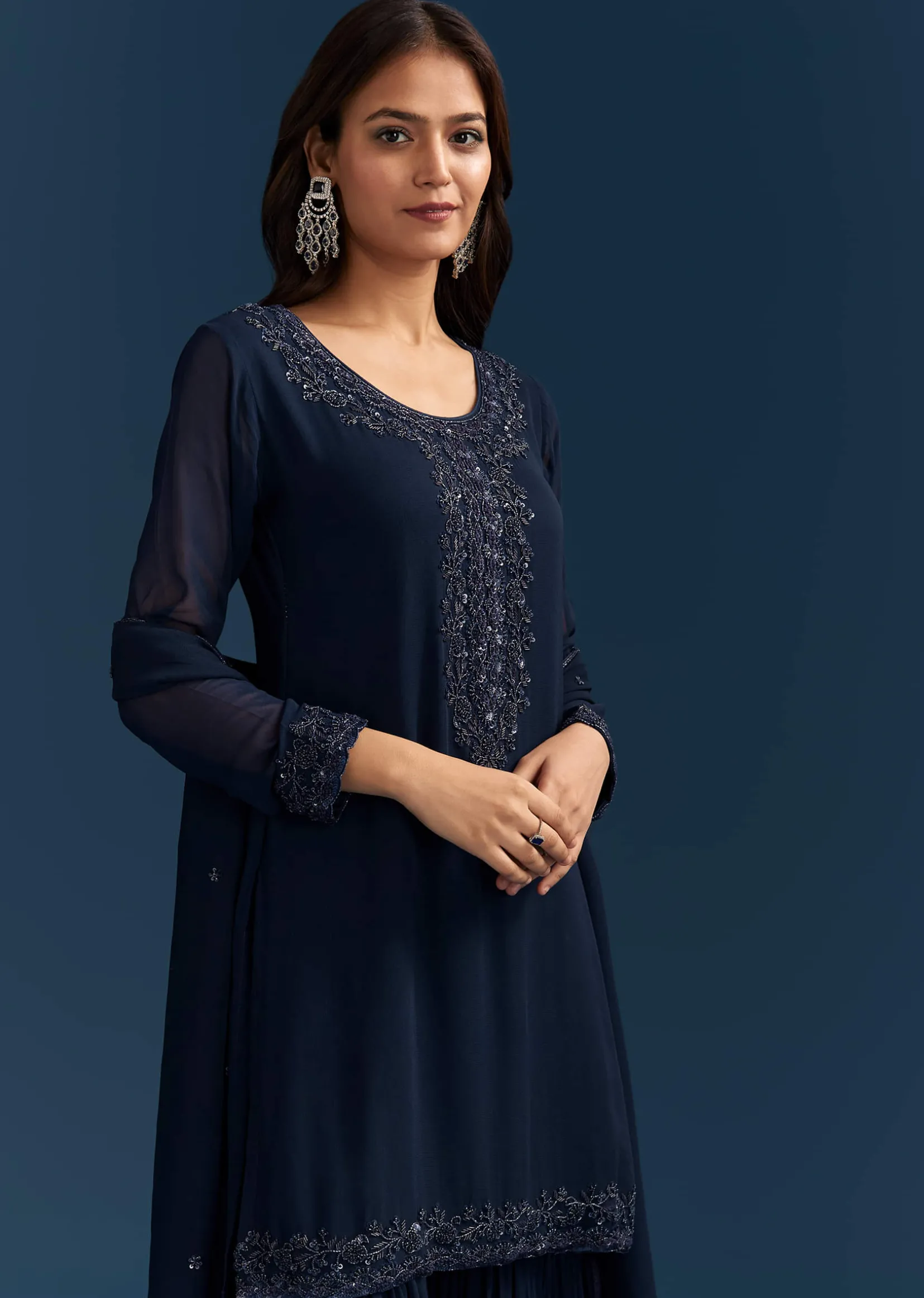 Navy Blue Georgette Sharara Suit With Embroidered Kurta And Dupatta