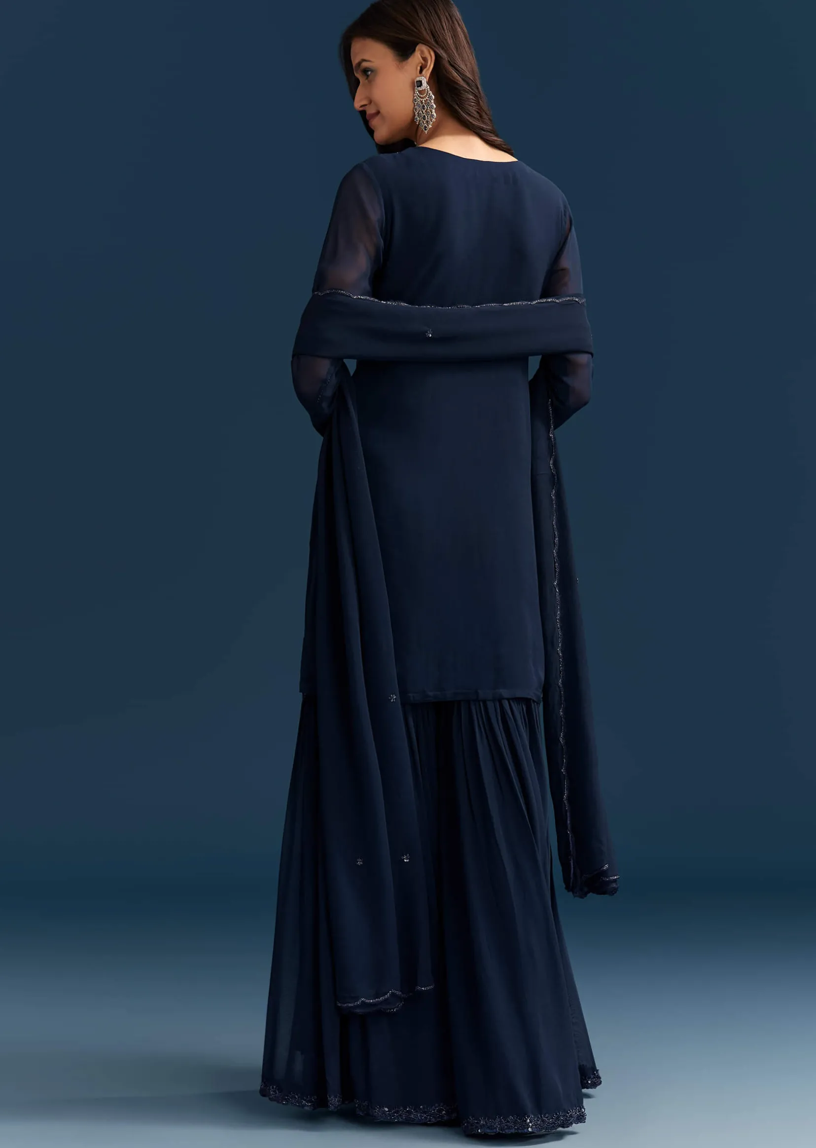 Navy Blue Georgette Sharara Suit With Embroidered Kurta And Dupatta