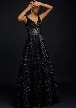 Navy Blue Gown Embellished In Sequins With Cut Dana Embellished Sheer Waist And Deep Sweetheart Neckline