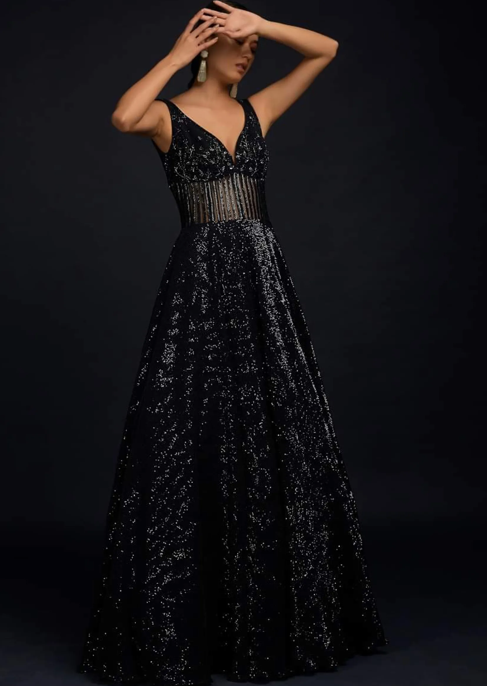 Navy Blue Gown Embellished In Sequins With Cut Dana Embellished Sheer Waist And Deep Sweetheart Neckline
