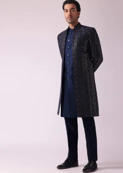 Navy Blue Indowestern Set In Dupion