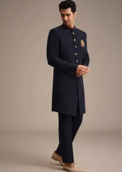 Navy Blue Indowestern Set With Animal Motif Broach