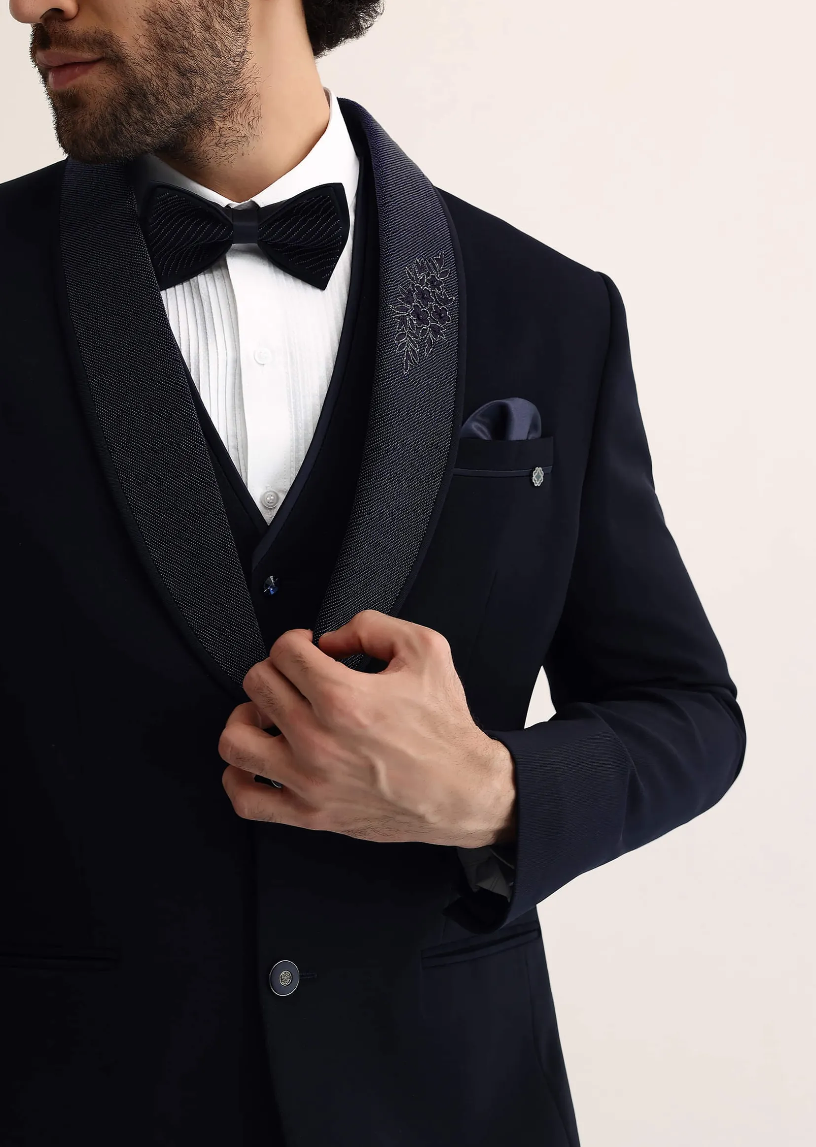 Navy Blue Intricate Embroidered Tuxedo