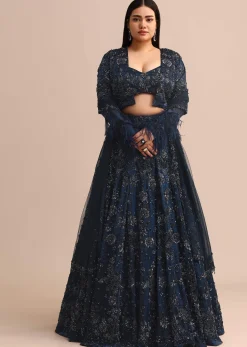 Navy Blue Jacket Kali Lehenga With Dupatta