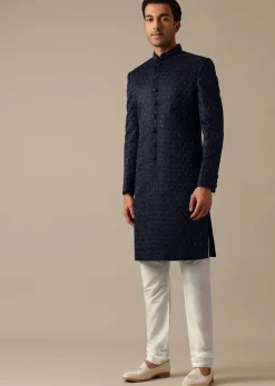 Navy Blue Jacquard Sherwani Set With Cutdana Embroidery