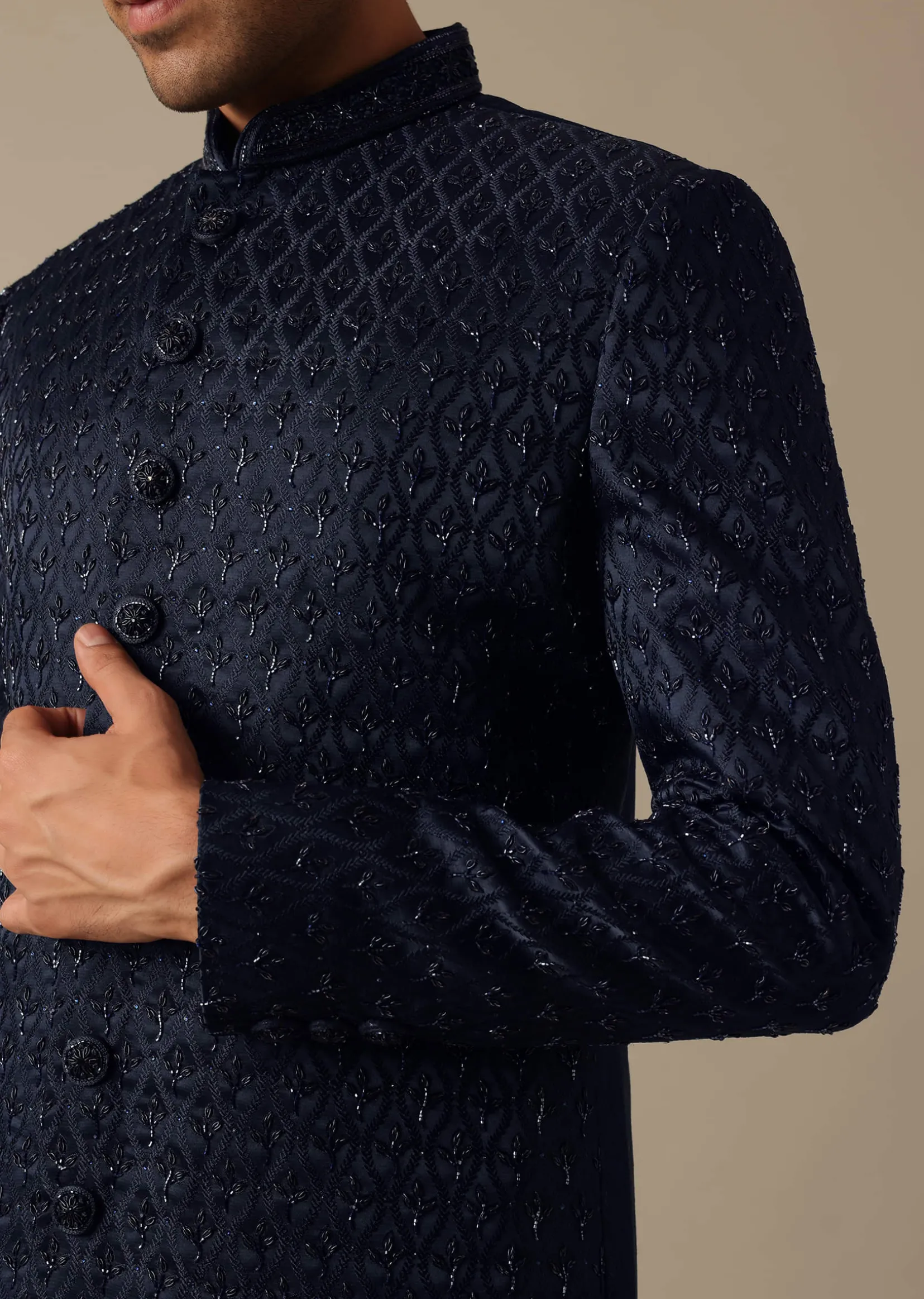 Navy Blue Jacquard Sherwani Set With Cutdana Embroidery