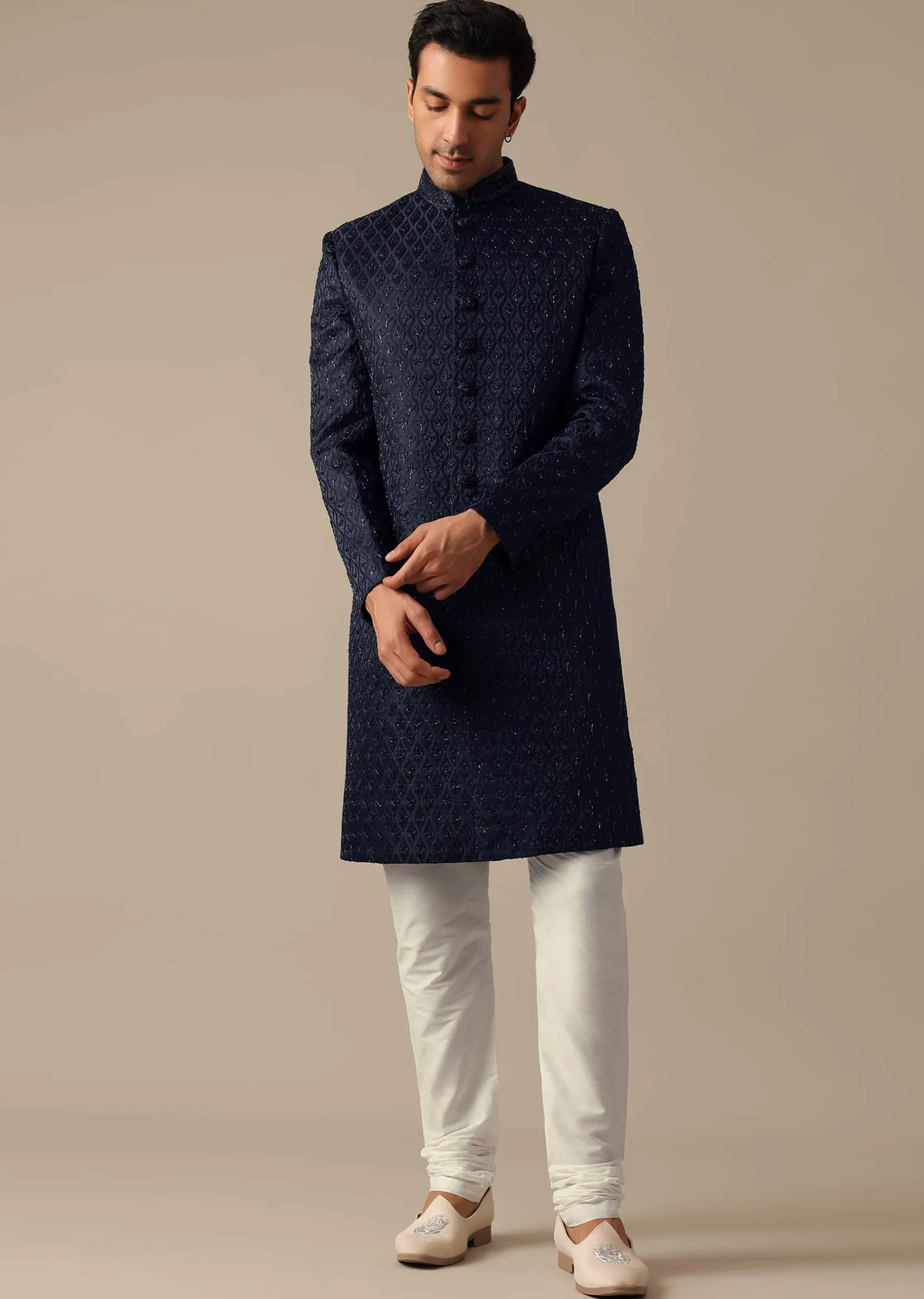 Navy Blue Jacquard Sherwani Set With Cutdana Embroidery