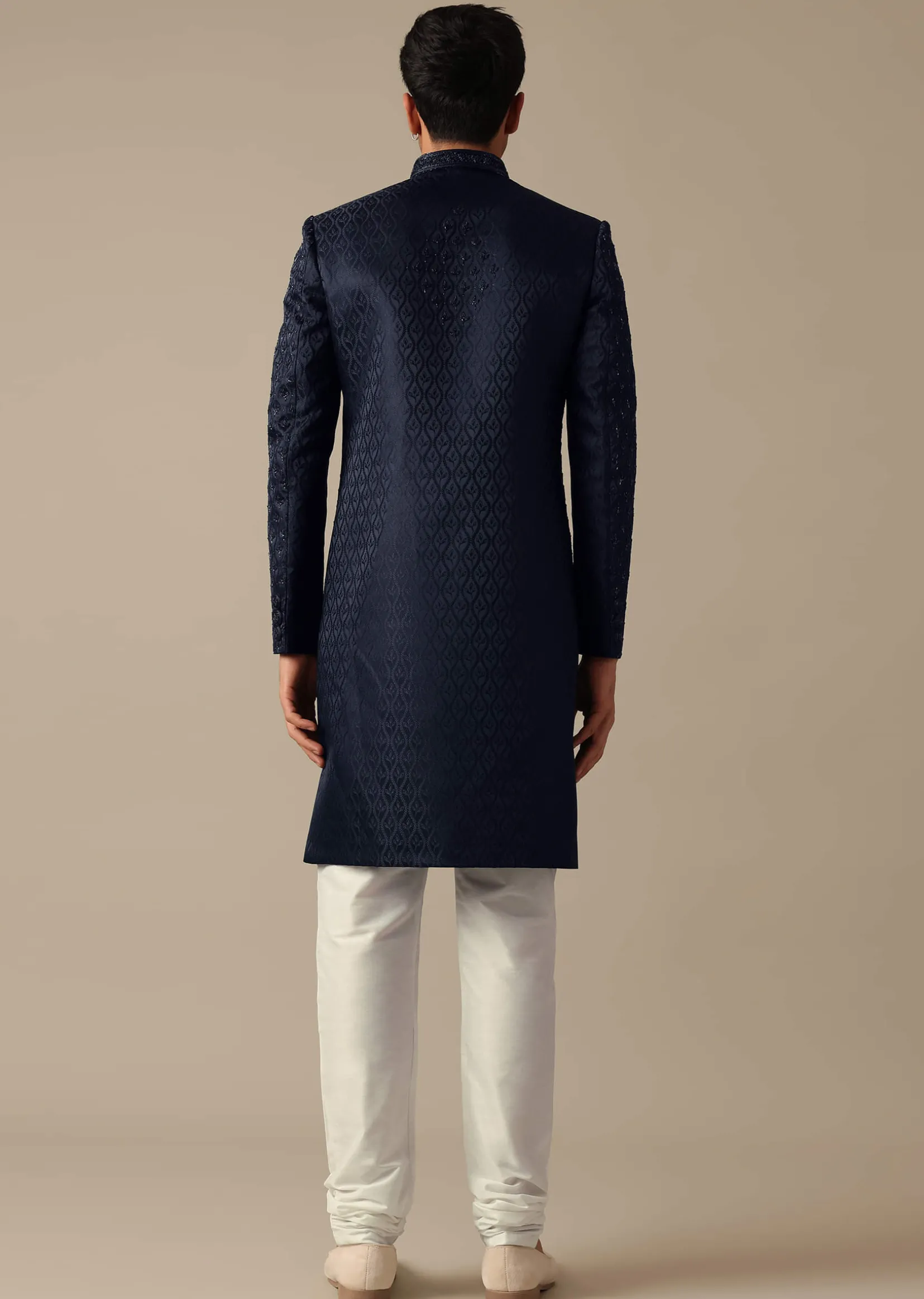 Navy Blue Jacquard Sherwani Set With Cutdana Embroidery