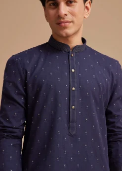 Navy Blue Jaipuri Cotton Linen Embroidered Kurta Set