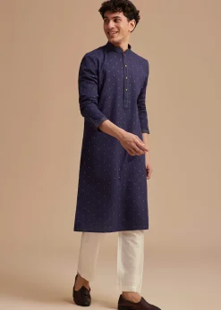 Navy Blue Jaipuri Cotton Linen Embroidered Kurta Set