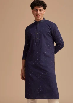 Navy Blue Jaipuri Cotton Linen Embroidered Kurta Set