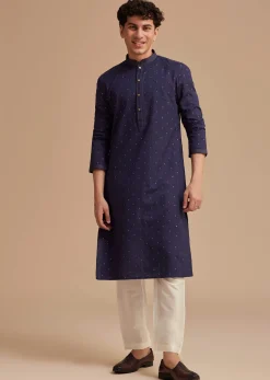 Navy Blue Jaipuri Cotton Linen Embroidered Kurta Set