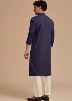 Navy Blue Jaipuri Cotton Linen Embroidered Kurta Set