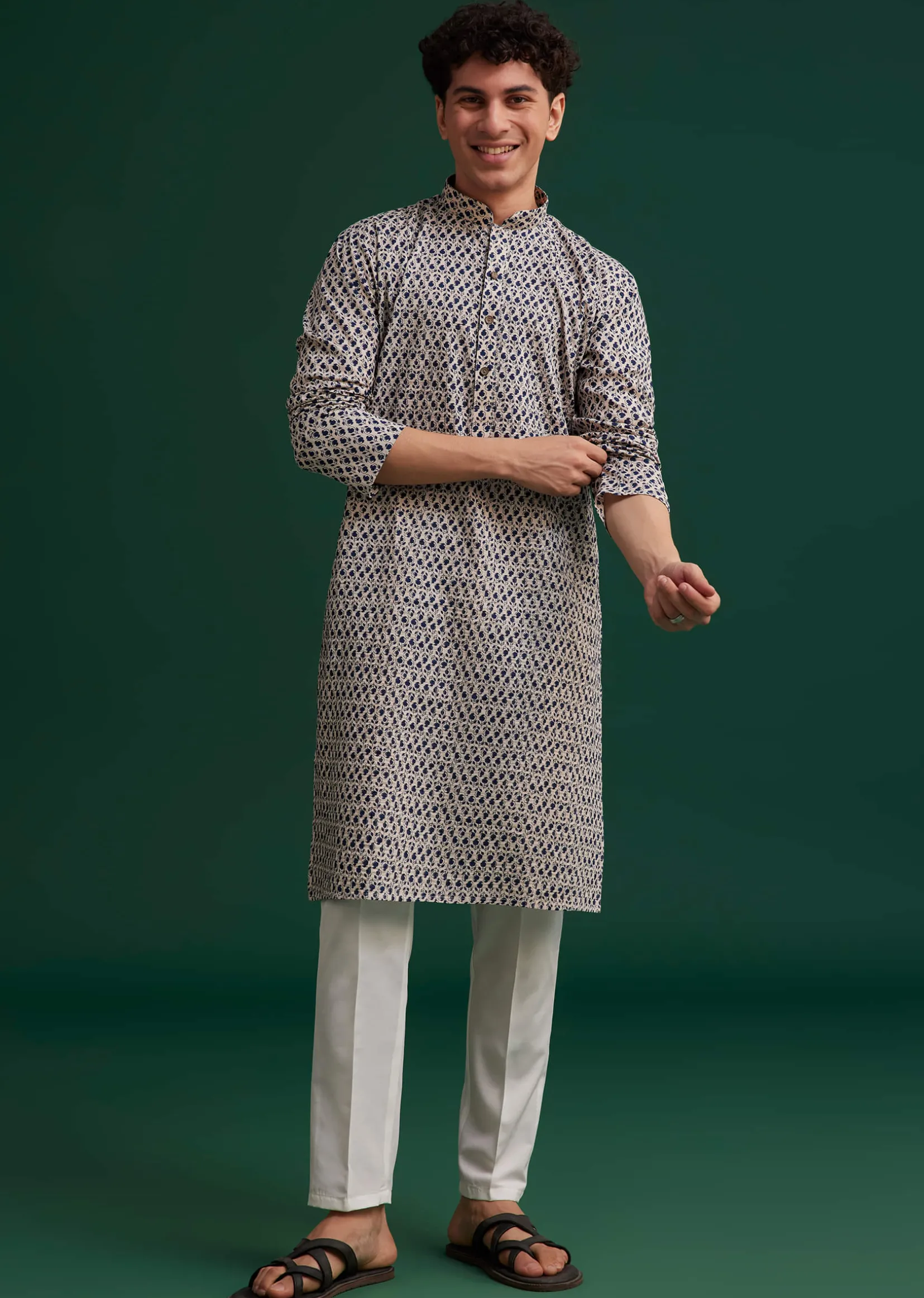 Navy Blue Jaipuri Cotton Block Printed Kurta Set