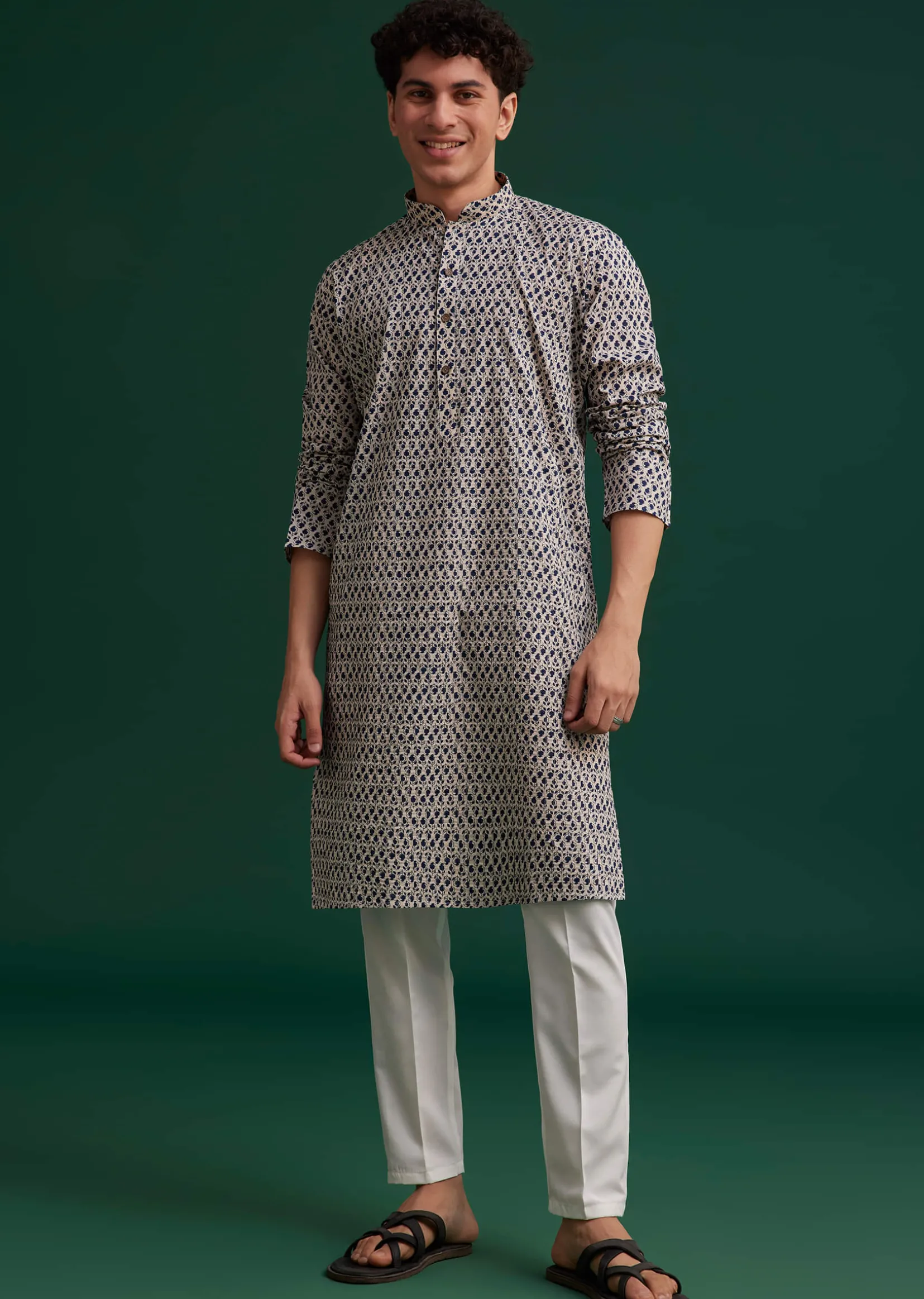 Navy Blue Jaipuri Cotton Block Printed Kurta Set