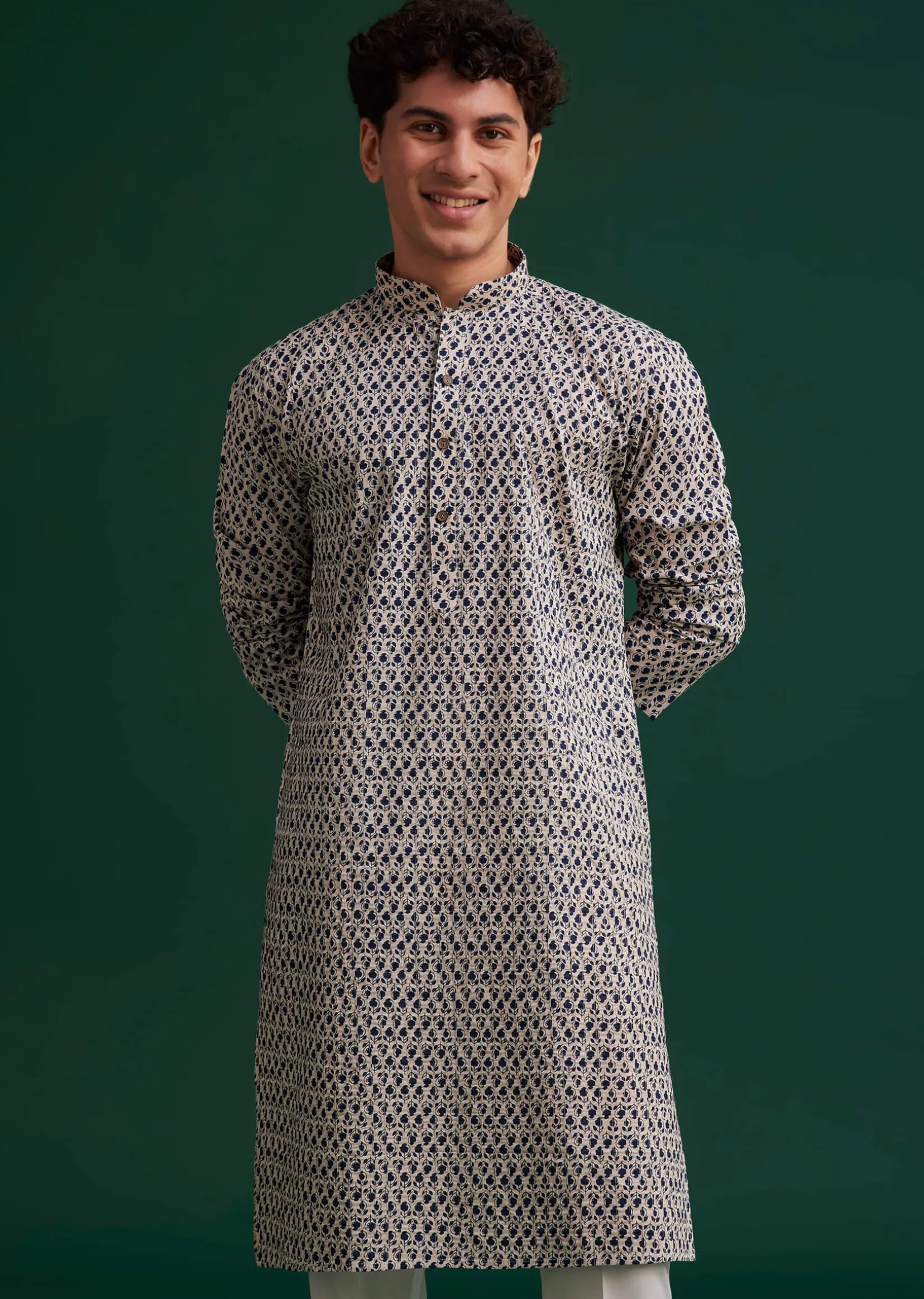 Navy Blue Jaipuri Cotton Block Printed Kurta Set