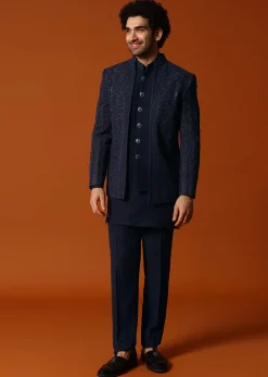 Navy Blue Jodhpuri Set In Resham Work For Men