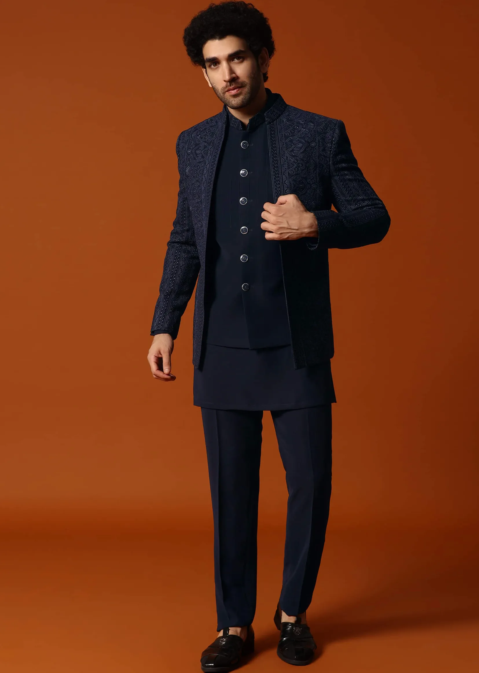 Navy Blue Jodhpuri Set In Resham Work For Men