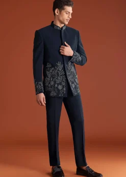 Navy Blue Jodhpuri Suit In Lachkaa Fabric With Hand Embroidery